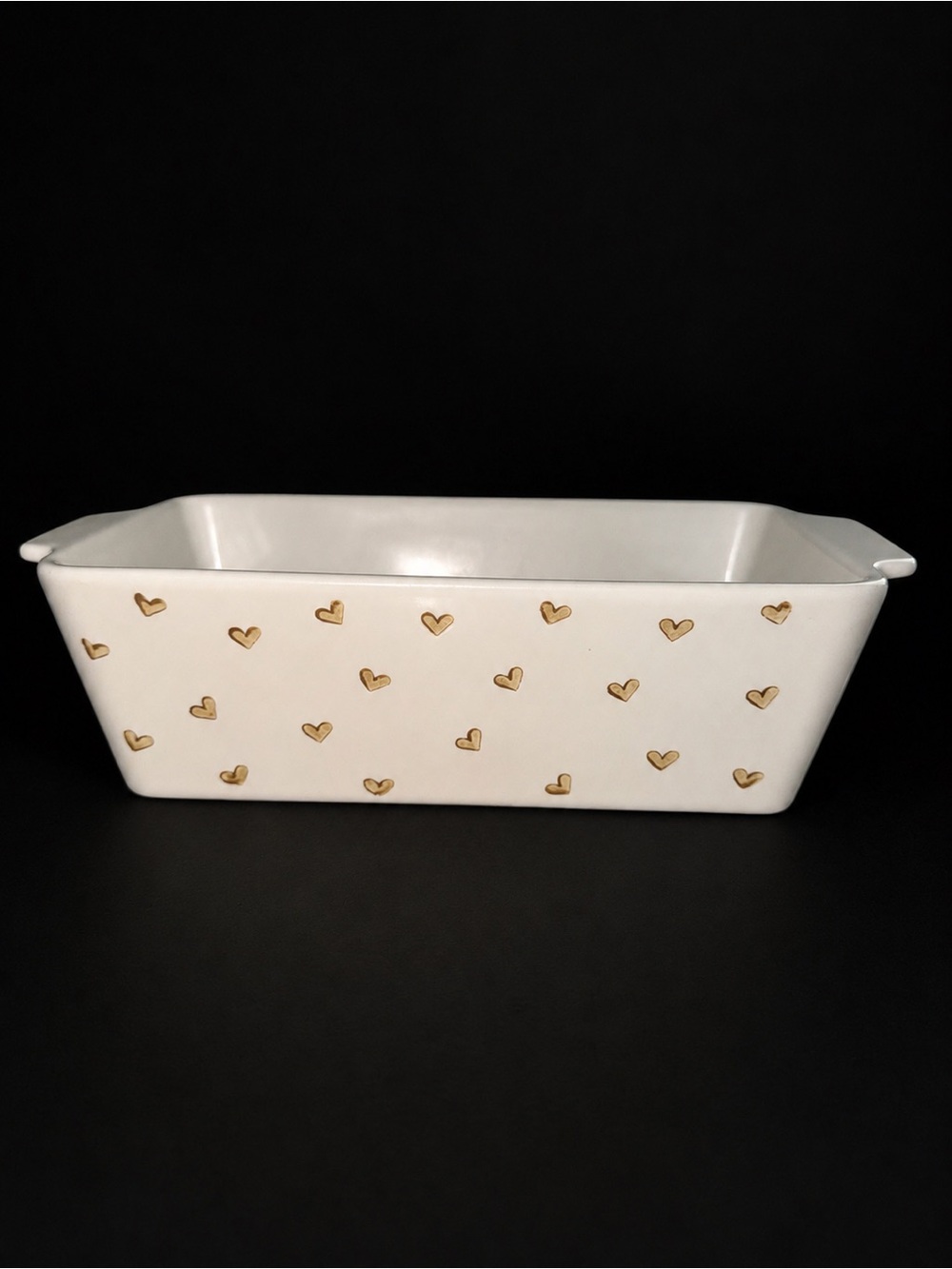 White Ceramic Baking Dish with Gold Heart Accents